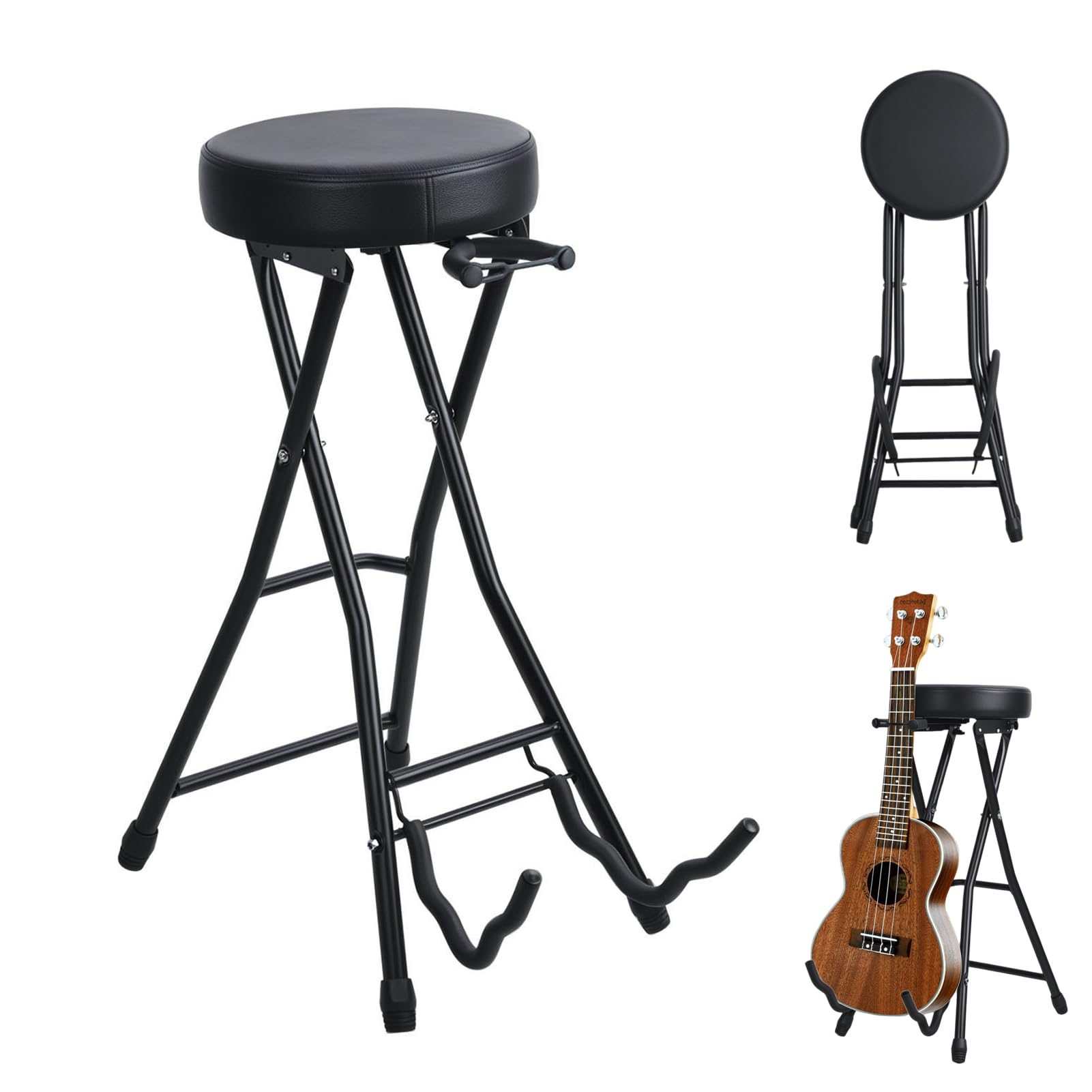 Taburete plegable para guitarra con asiento acolchado, silla de guitarra plegable con soporte de guitarra integrado, reposapiés de gancho retráctil, taburete de actuación para músico, para bajo