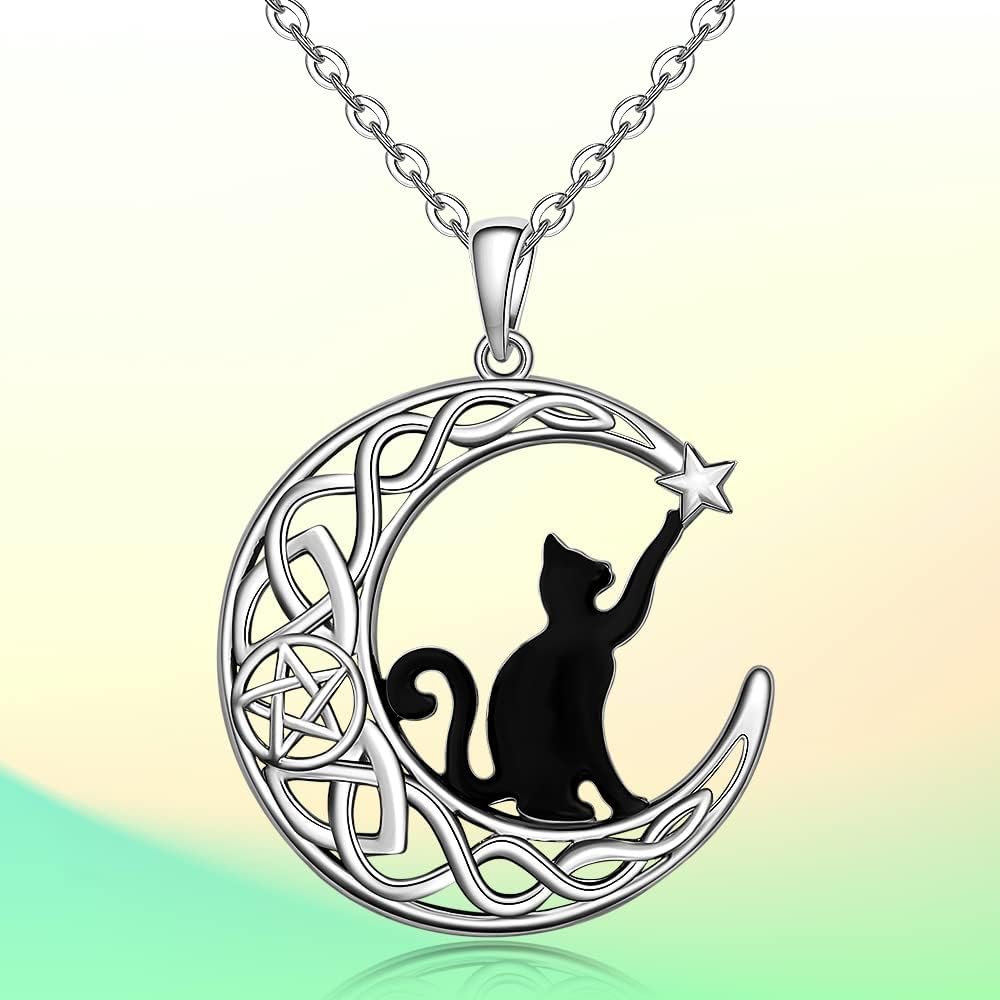 Fenthring Black Cat Necklace for Women -S925 Sterling Silver Heart Pendant Charm Halloween Christmas for Cats Only