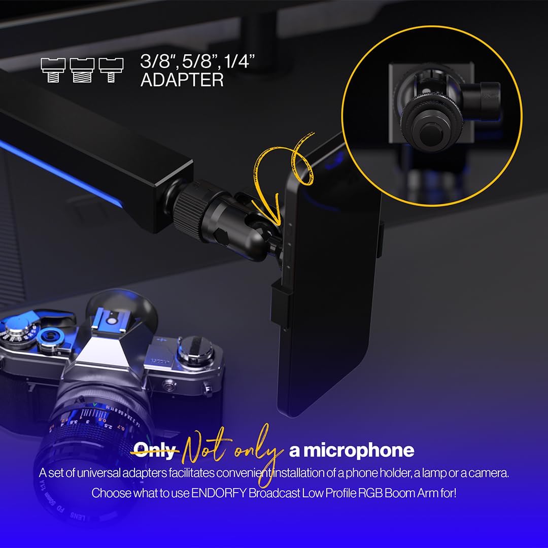 ENDORFY Broadcast Low Profile RGB Boom Arm, Premium Low Profile Microphone Smartfone and Light Arm with Cable, Rotatable, LED Lights with Controller