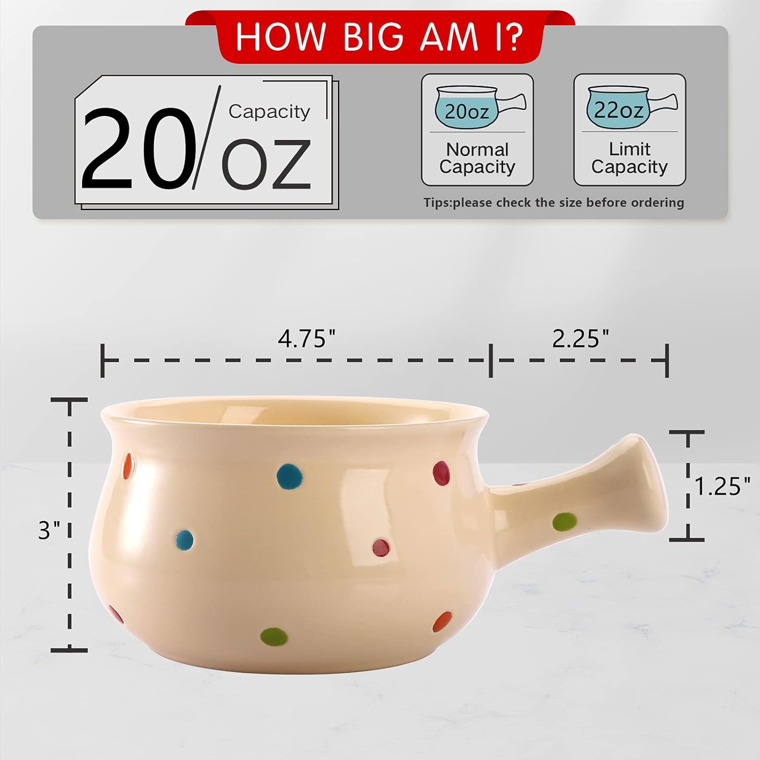  | AVLA 4 Pack Ceramic Soup Bowls, 20 Ounce Porcelain French Onion Soup Crocks with Handles, Stackable Serving Soup Bowl Bakeware for Soup, Stew, Cereal, Chill ( Dot Pattern, Beige ): Soup Bowls