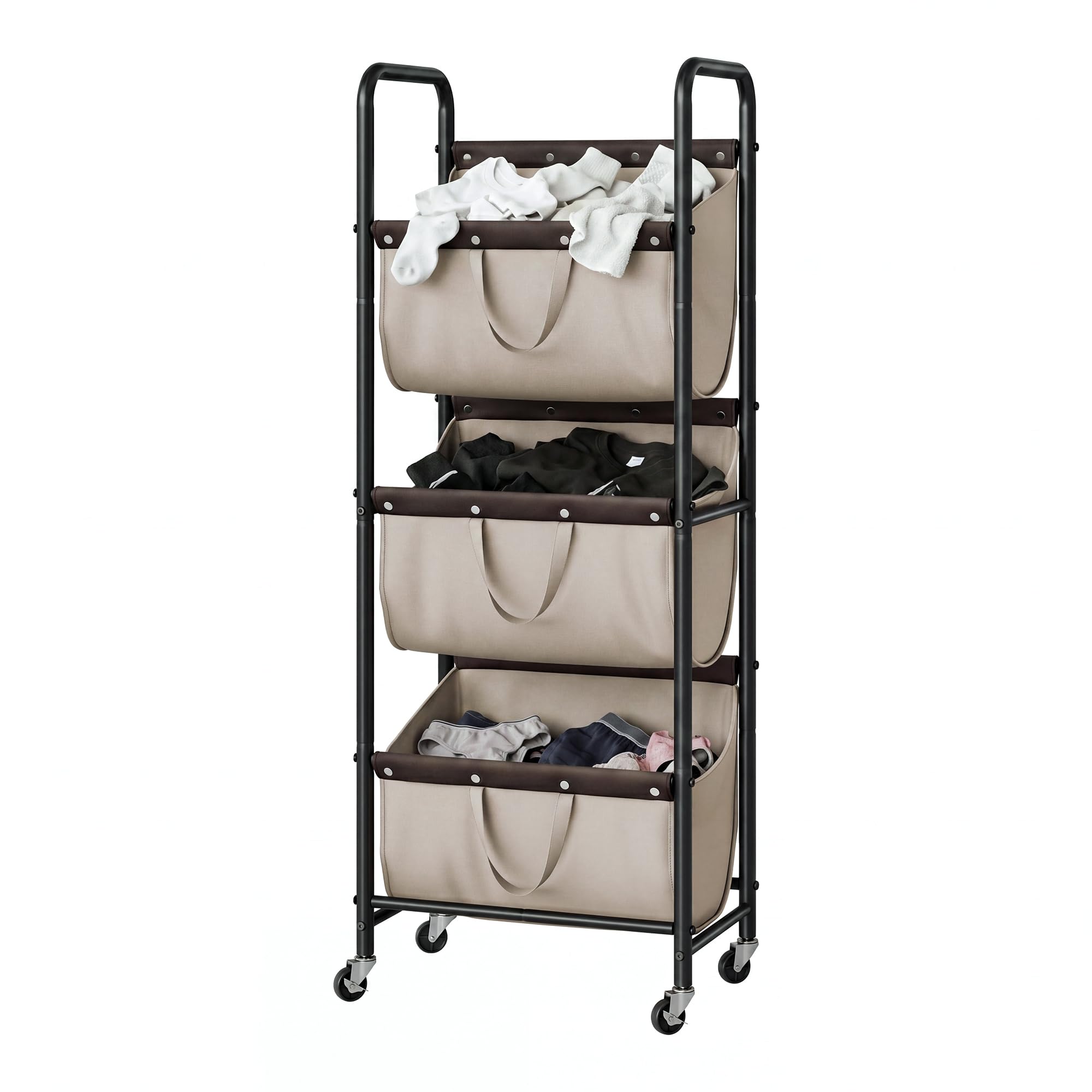 GRANNY SAYS Cesto Ropa Sucia de 3 Lazos, Cesta de Lavandería con Ruedas, Organización y Almacenamiento de Lavandería, Caqui Cesta Ropa Sucia con Ruedas de 3 secciones para Dormitorio, Laundry Basket | Cesta de lavandería resistente de 3 secciones con rued