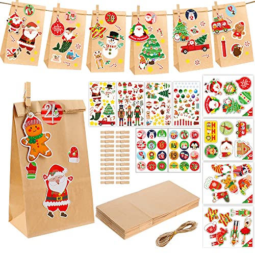 SPTwj Lot de 24 Calendrier de l'avent Vide 2023 à Remplir à Faire Soi-Même DIY Calendrier de l'avent Sac Déco de Noël Sac de Bonbons en Papier Kraft Cadeau Sachet avec Autocollant de Noël Cover