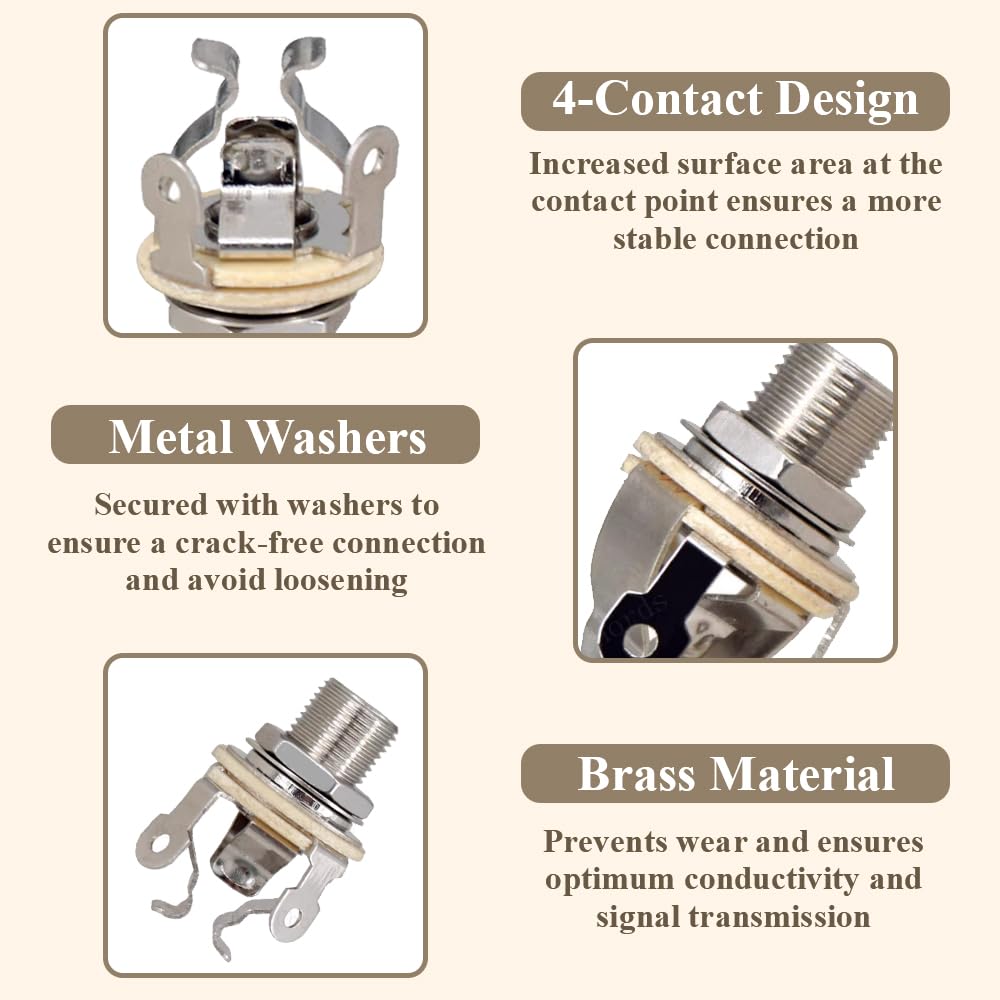 Guitar Jack Socket Copper Construction Full-Contact Output Jack Socket Silver 4-Contact Stereo Jack for Electric Guitar Bass Speakers Audio Amplifier - Image 3