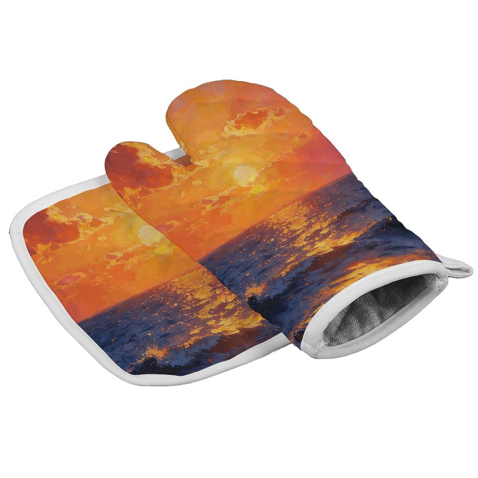 Fodpand Style Oceanic Sunset Oven Mitt Set With Lanyard, Cooking Mitt, Protective Thermal Insulation,Kitchen Mitt For Baking, Cooking, Grilling, Microwave