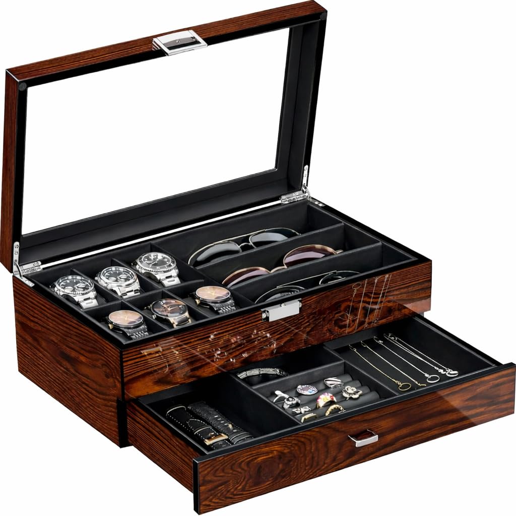 Watch And Sunglasses Organizer With Men’s Jewelry, 6-Slot Watch Box & Sunglasses Organizer With Drawer, PU Leather Interior, Solid Wooden Watch Case Display With Large Clear Glass Lid