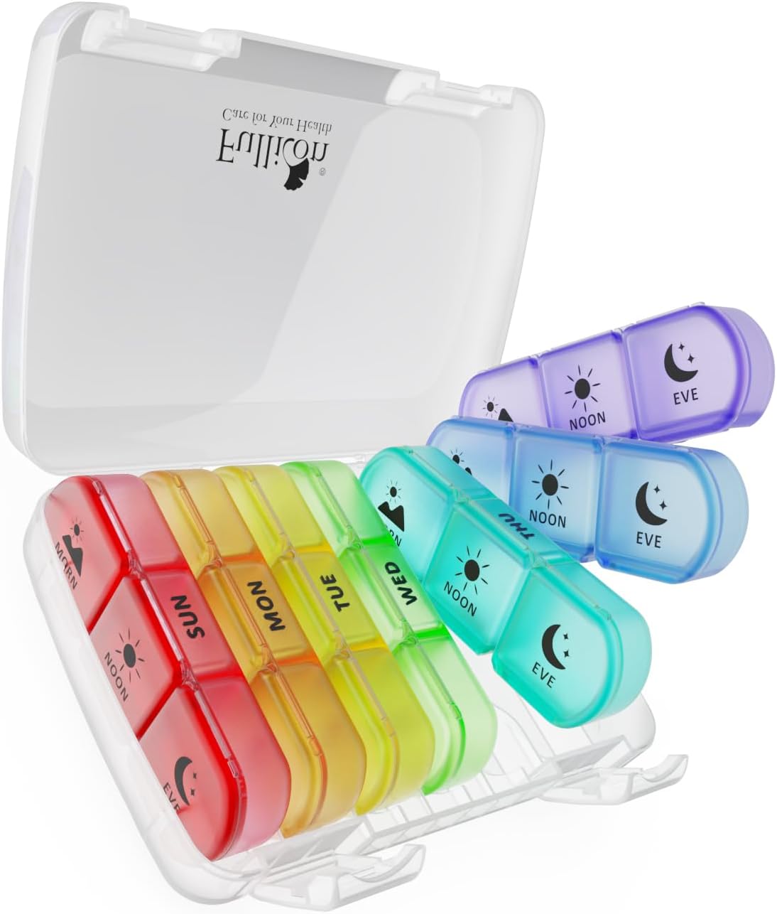 Fullicon Weekly Pill Organizer 3 Times A Day for Travel, Spill Proof 7 Day Holder, Large for Medicine, Vitamin, Fish Oil, and Supplement (Clear Rainbow)