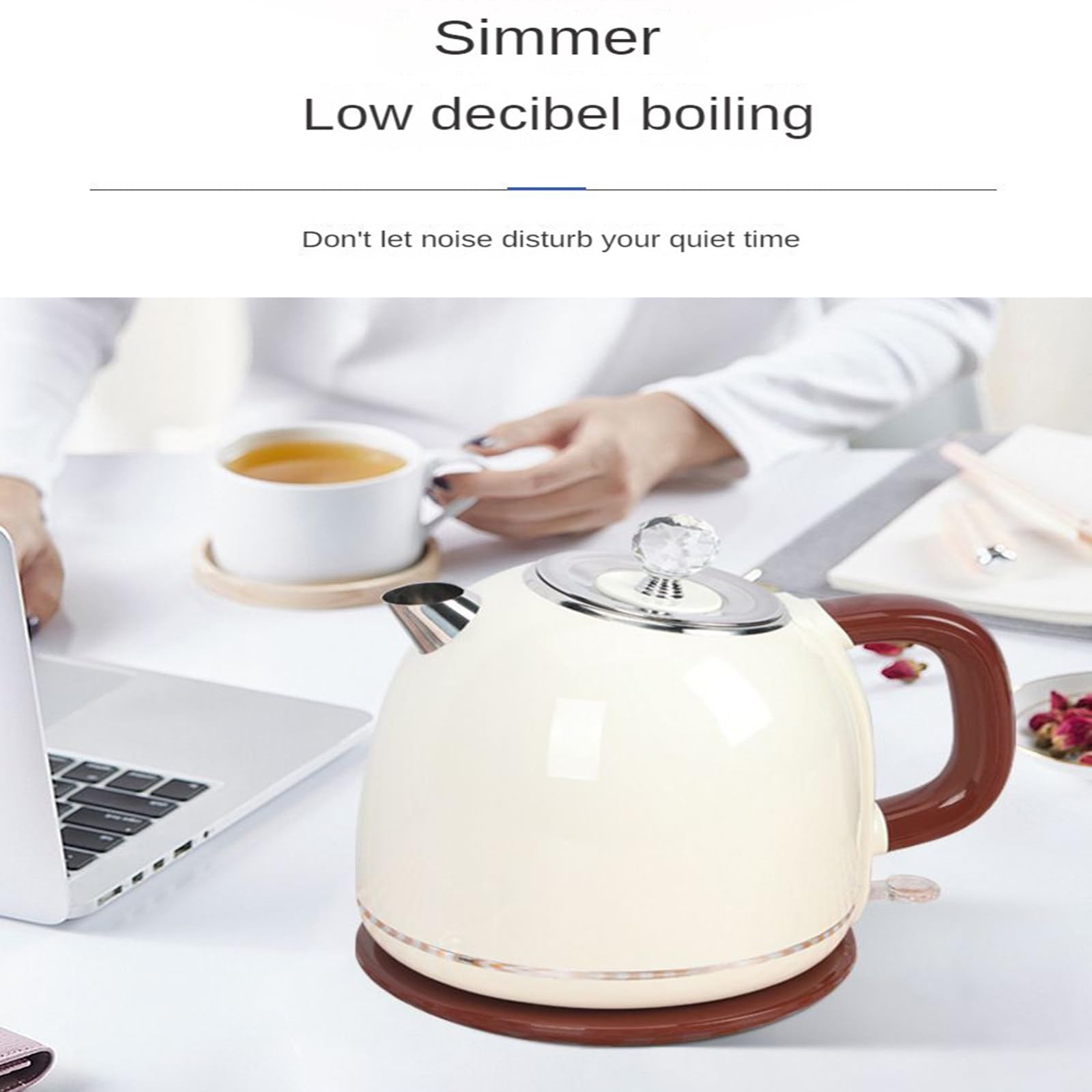 Bollitore Elettrico Domestico antiscottatura a Doppio Strato da 1,8 Litri, Rivestimento in Acciaio Inossidabile 304, spegnimento Automatico, Protezione con Fusibile ad Alta Temperatura,Beige