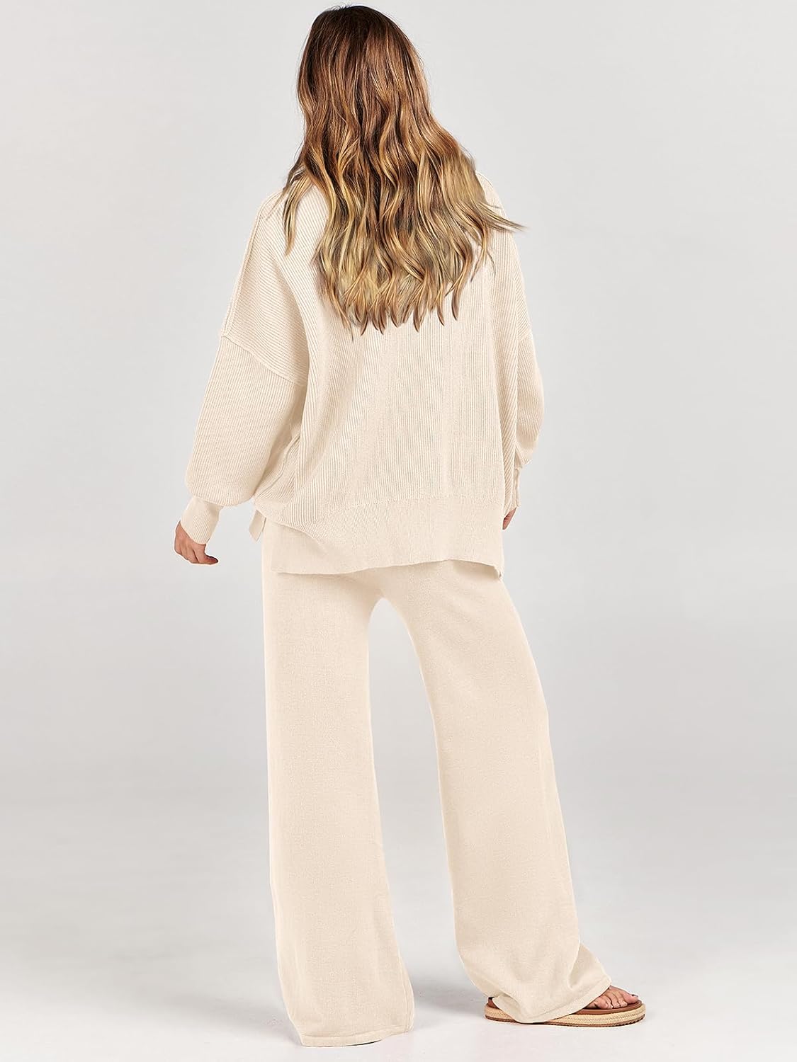 ANRABESS Womens 2 Piece Outfits Fall Lounge Set 2025 Oversized Chunky Knit Sweater Top Wide Leg Pants Loungewear Clothes - Image 4