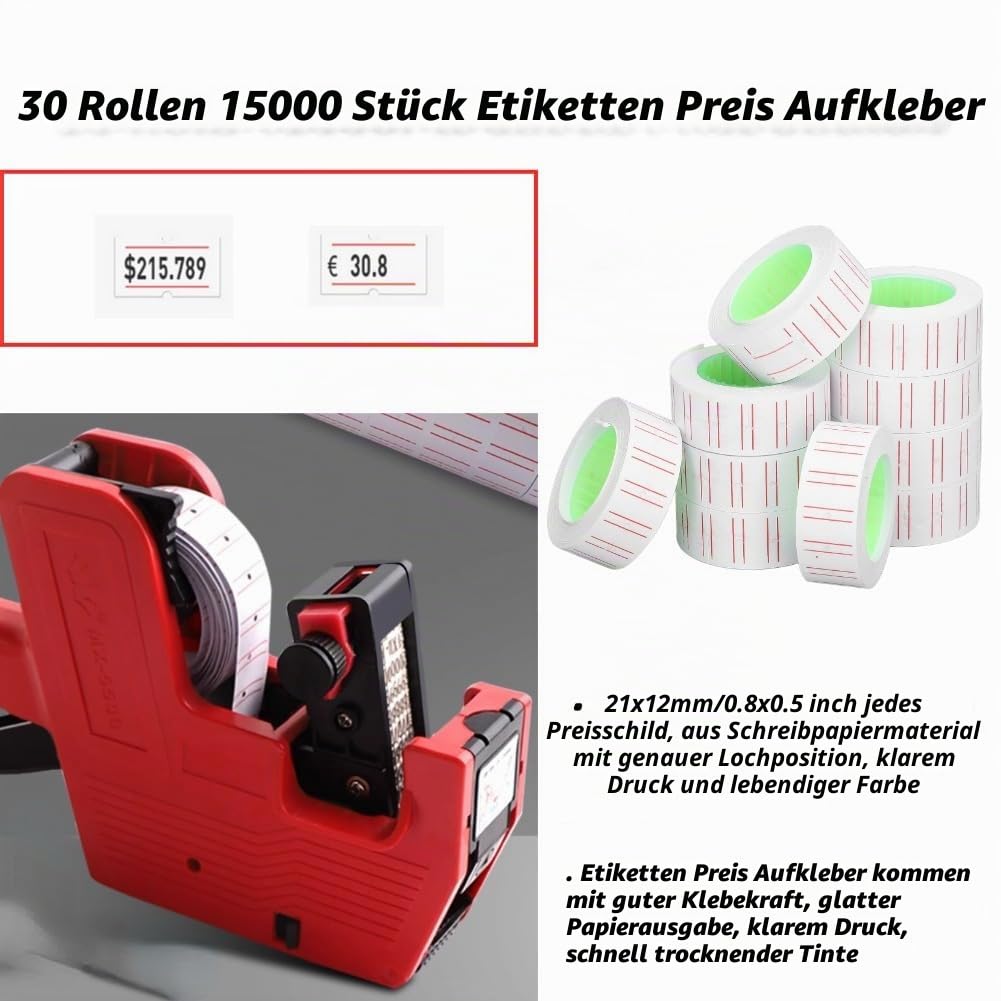 30 Rollen 15000 Stück Etiketten Preisaufkleber 21 X 12 Mm Einreihige Preisetiketten aus Papier für MX5500 Pistolenetikettierer