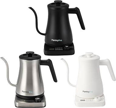 PantryPro 1.0L 1500W Electric Gooseneck Kettle 3-Pack with Stainless Steel Interior, Temperature Control, Auto Shut-Off, Rapid Boil Black, White, Silver