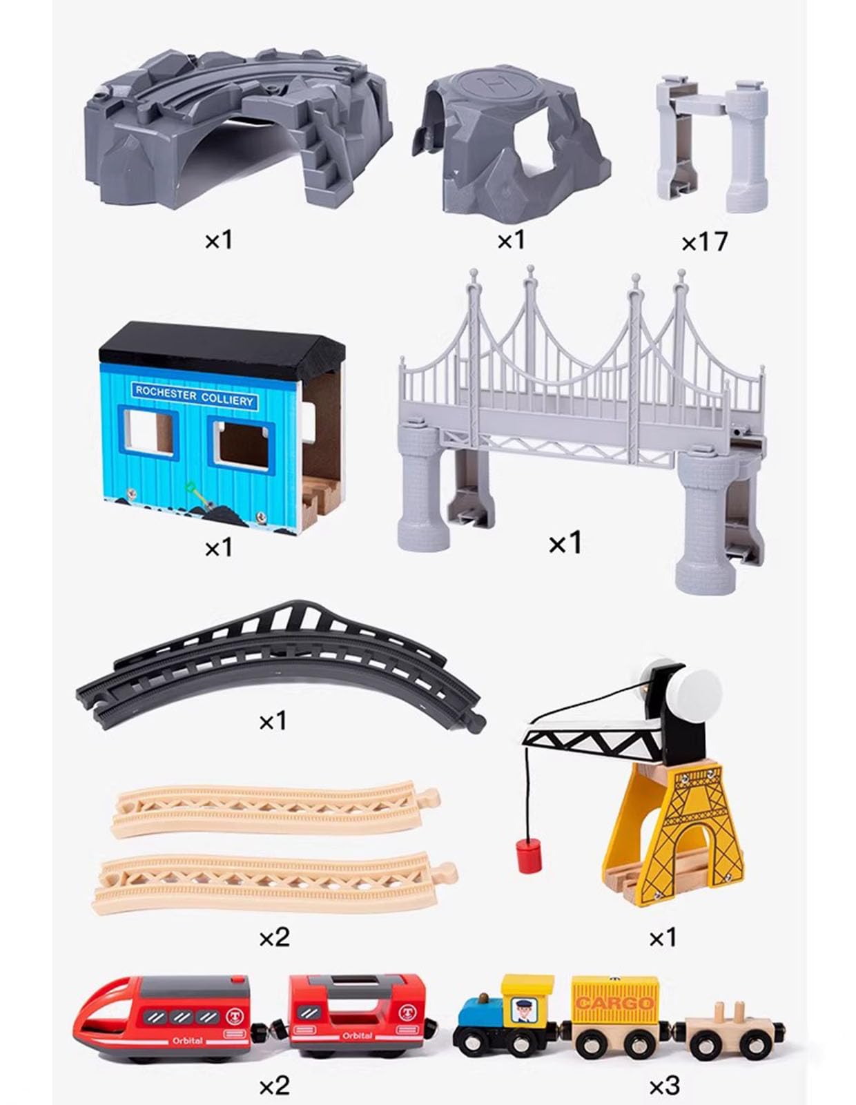 Montessori - Set di piccole piste dei treni, accessori ferroviari assemblati (85 pezzi)