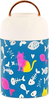 Blue Cartoon Cat Fish Bone Silhouette Stainless Steel Vacuum Insulated food containers with spoon for child chicken 17 oz