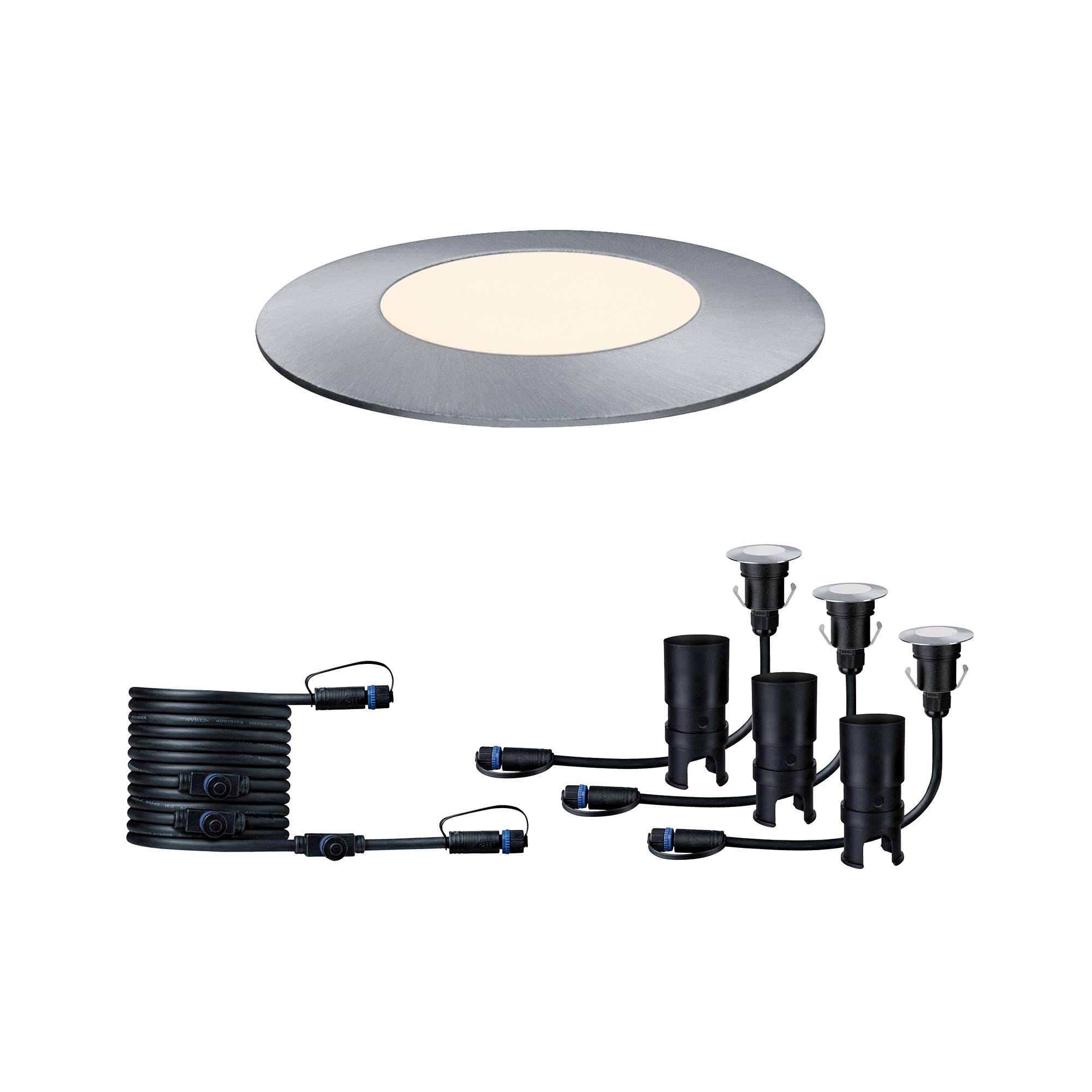 Paulmann 93949 Outdoor Plug&Shine Kit encastrés sol LED, IP67, 3000K, 3x2,5W, 24V, 55 mm, Argent inoxydable, Plastique