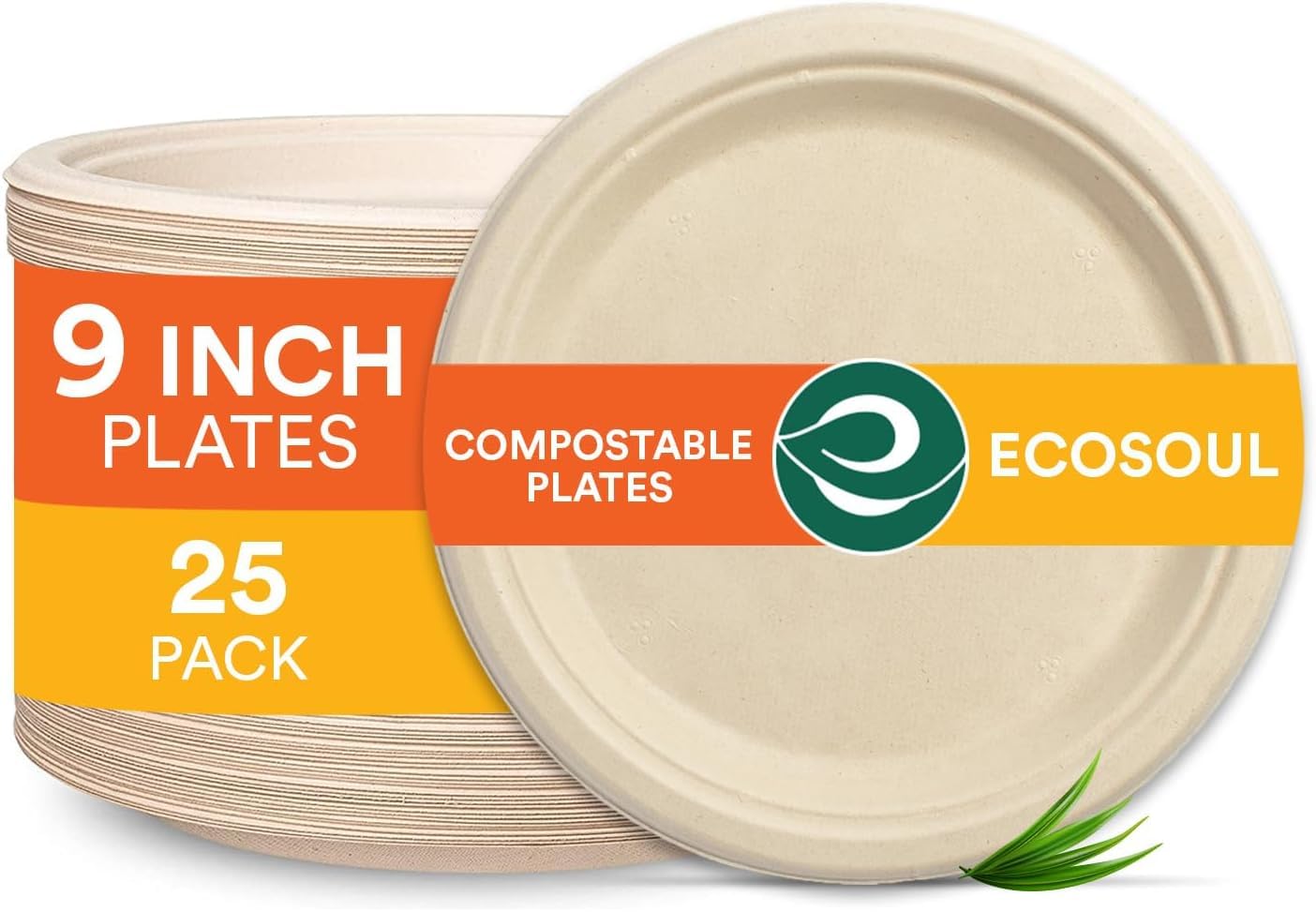 ECO SOUL | Disposable Bagasse Plates | 9 inch - Pack of 25 | Compostable Eco-Friendly Disposable Plates Big Size for Snacks, Lunch & Meals | Durable, Microwave & Freezer Safe