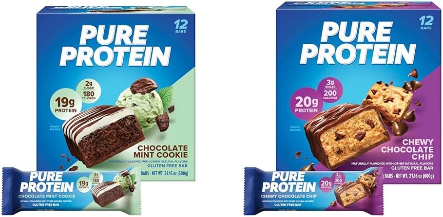 Pure Protein Bars Bundle with Chocolate Mint Cookie (19g Protein, 12 Count) and Chewy Chocolate Chip (20g Protein, 12 Count)