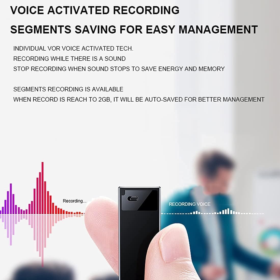 Diagram depicting the voice activated recording function of the CAPOXO recorder, showing sound waves and the device recording only when sound is detected.