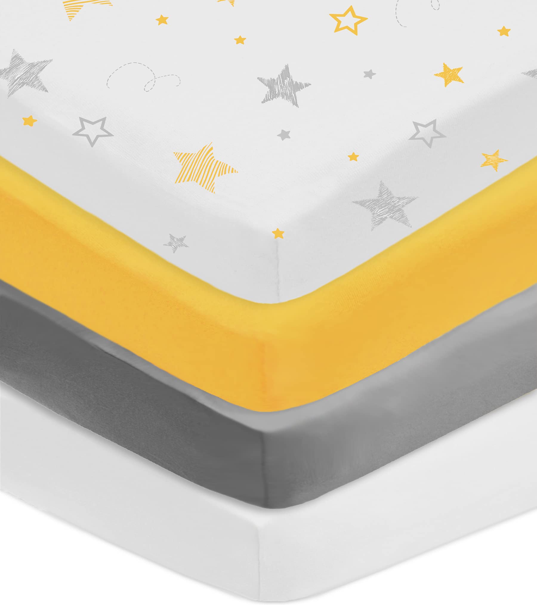 American Baby Company4 Pack Fitted Crib Sheets 28" x 52", Soft Breathable Neutral 100% Cotton Jersey Sheet, Yellow/Yellow Stars/Gray/White, for Boys and Girls, Fits Crib and Toddler Bed mattresses