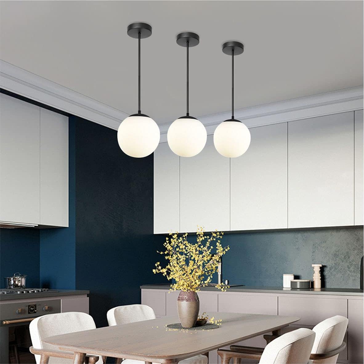 BOKT Globe Pendant Light 1-Light Adjustable Black Pendant Light White Glass Hanging Pendant Lighting Modern Light Fixture for Kitchen Island Living Dinning Room (Black+White Shade, 7.9 Inch)
