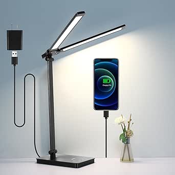 Semlos Dual Arm LED Desk Lamp for Bedroom, 25 LED Lighting Modes, USB Charging Port, Touch Control Table Light for Reading/Study/Work/Sleep, Black, Charger Included
