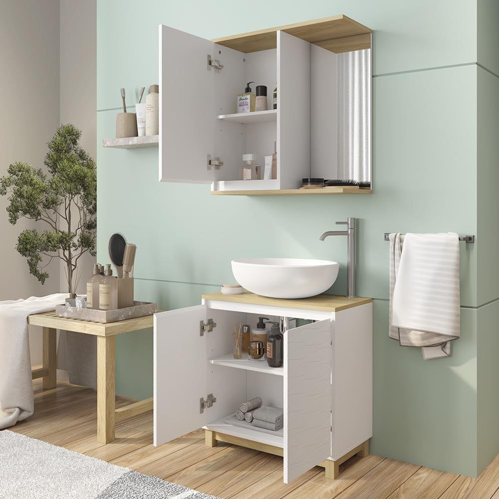 Vicco Set di mobili da bagno Livia, Bianco/quercia, 60 cm, composto da specchio da bagno e mobile sottolavabo