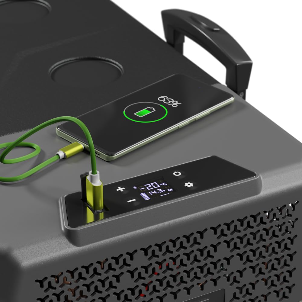 Yolco BCX50 Carbon Electric Compressor Cool Box, sterowanie aplikacjami przez Bluetooth, 12/24 V i 230 V do samochodów, ciężarówek, łodzi, lodówki kempingowej