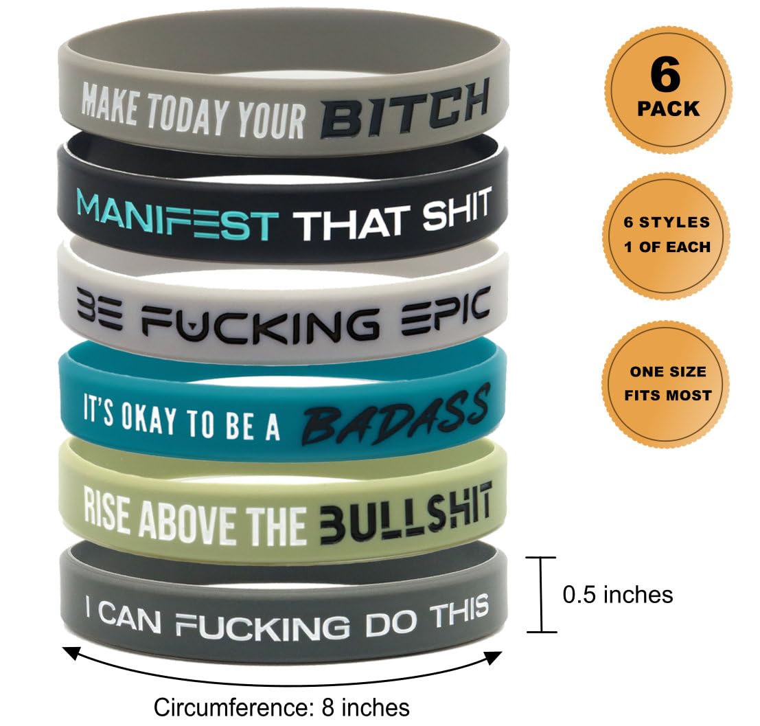 Giftphoria Edgy Motivational Silicone Bracelets for Adults (Set of 6) - Unisex Fit for Men and Women