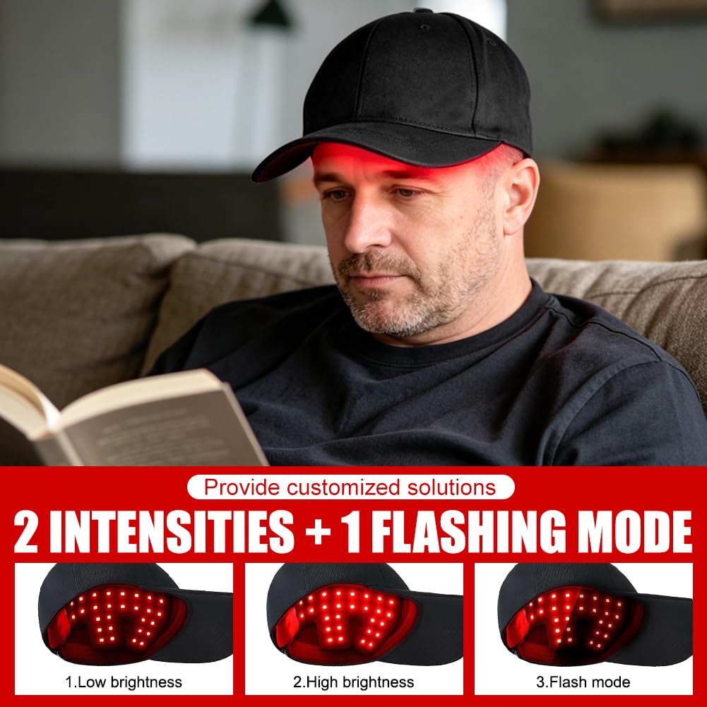 Rotlicht Haare LED Cap, 660nm+450nm+850nm Rotlichtlampe Haarwachstumskappe mit 4 Modi, Abnehmbarem Rotlicht Panel, Red Light Therapy Haare Anti-Haarausfall, Einstellbare Größe Cap für Männer/Frauen