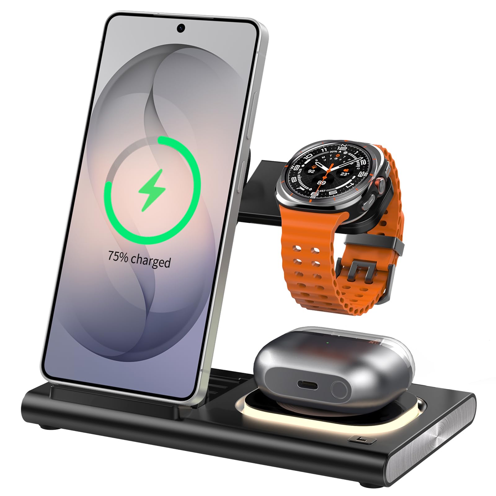 Stazione di ricarica wireless 3 in 1 per Samsung, pieghevole e notturna da viaggio, caricabatterie wireless per Galaxy S26 Ultra/S25/S24/S23/S22/Note20 Z Fold Flip7, Galaxy Watch 8/7/6/5/4/3 Active 2
