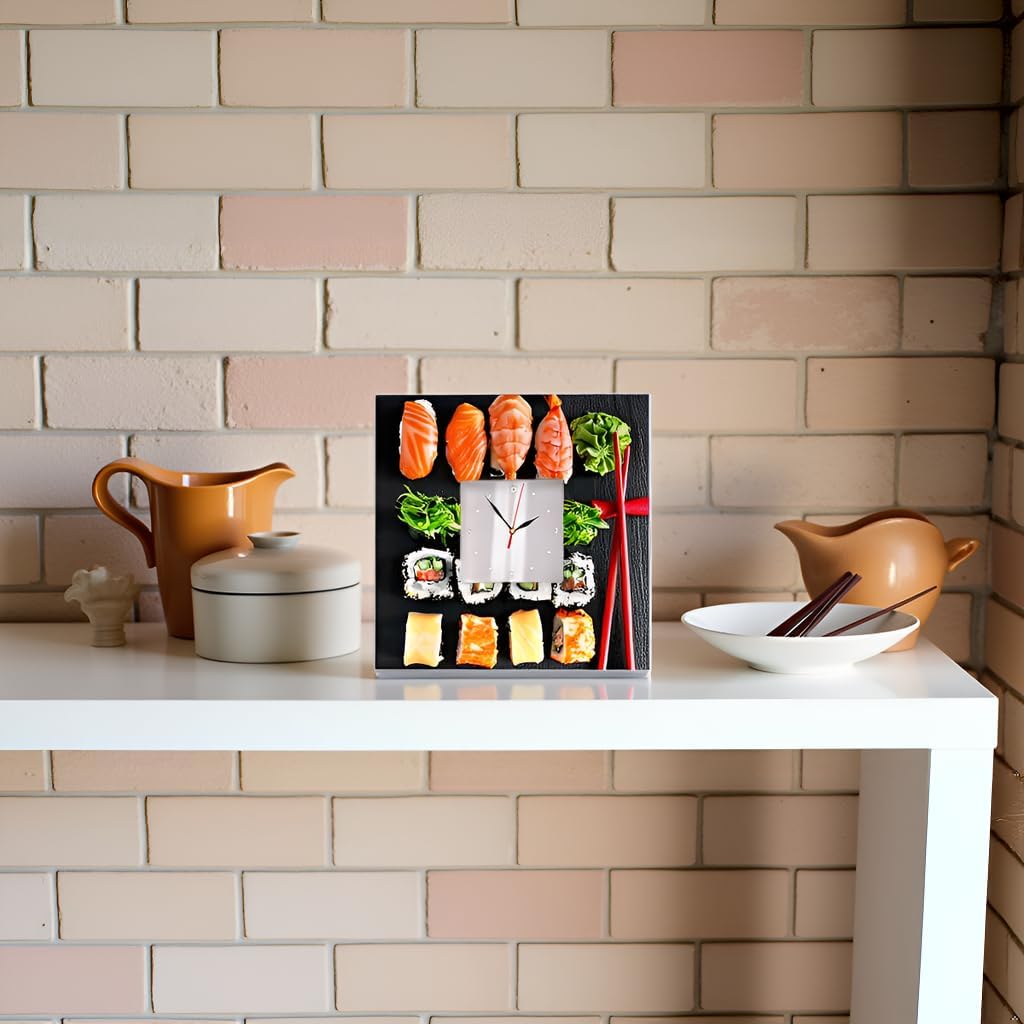 Sushi Wall Clock - Japanese Sashimi Roll Decor, White Square Framed - Kitchen & Bar Interior Design, Unique Gift for Sushi Lovers
