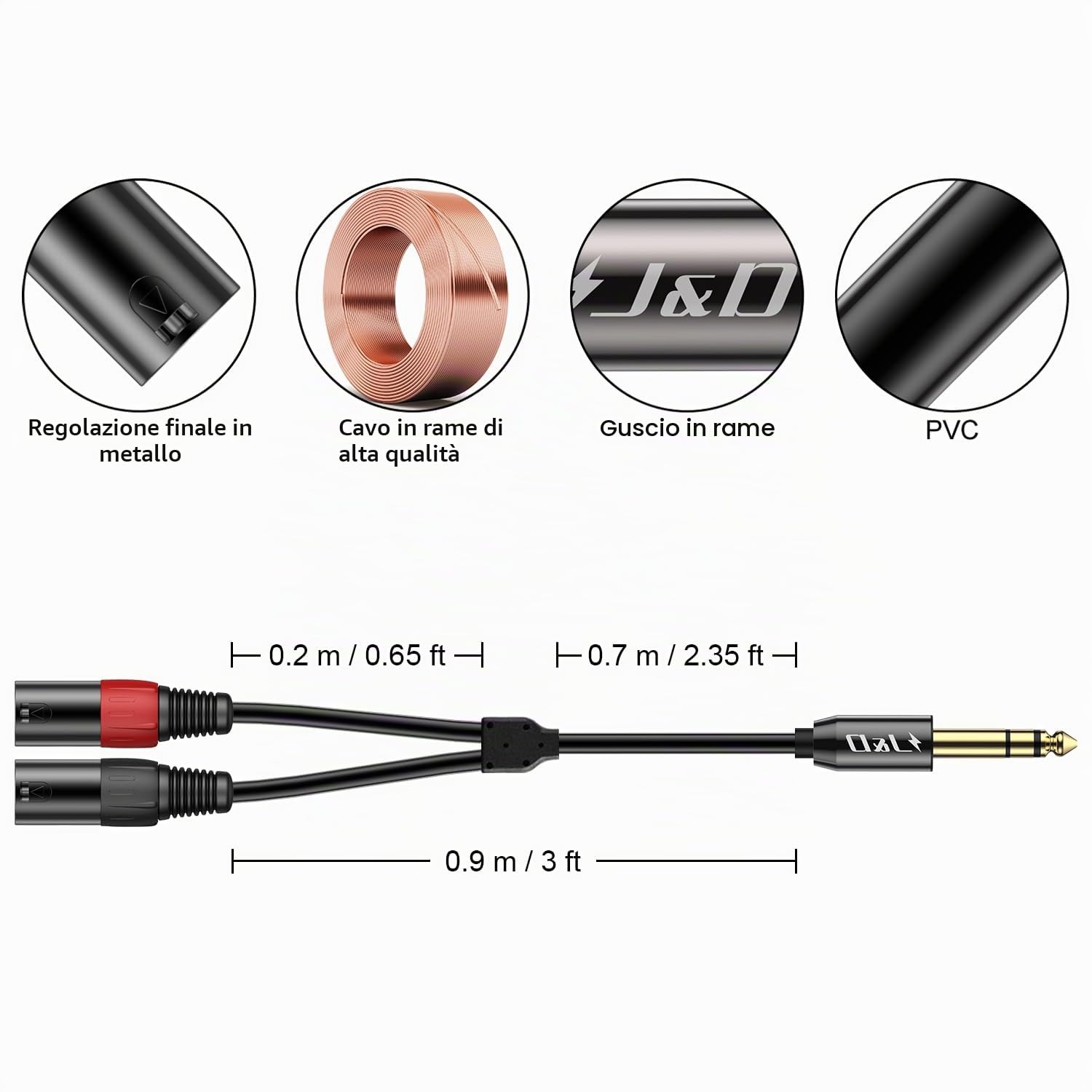 J&D TRS 6.35mm 1/4 a 2x XLR Cavo Y Spinotto, PVC Sgusciato 2x XLR Maschio a 6,35mm Maschio Unbalanced Audio Stereo Adattatore Cavo di Interconnessione per Speaker Mic Chitarra Mixer AMP, 0,9 Meter