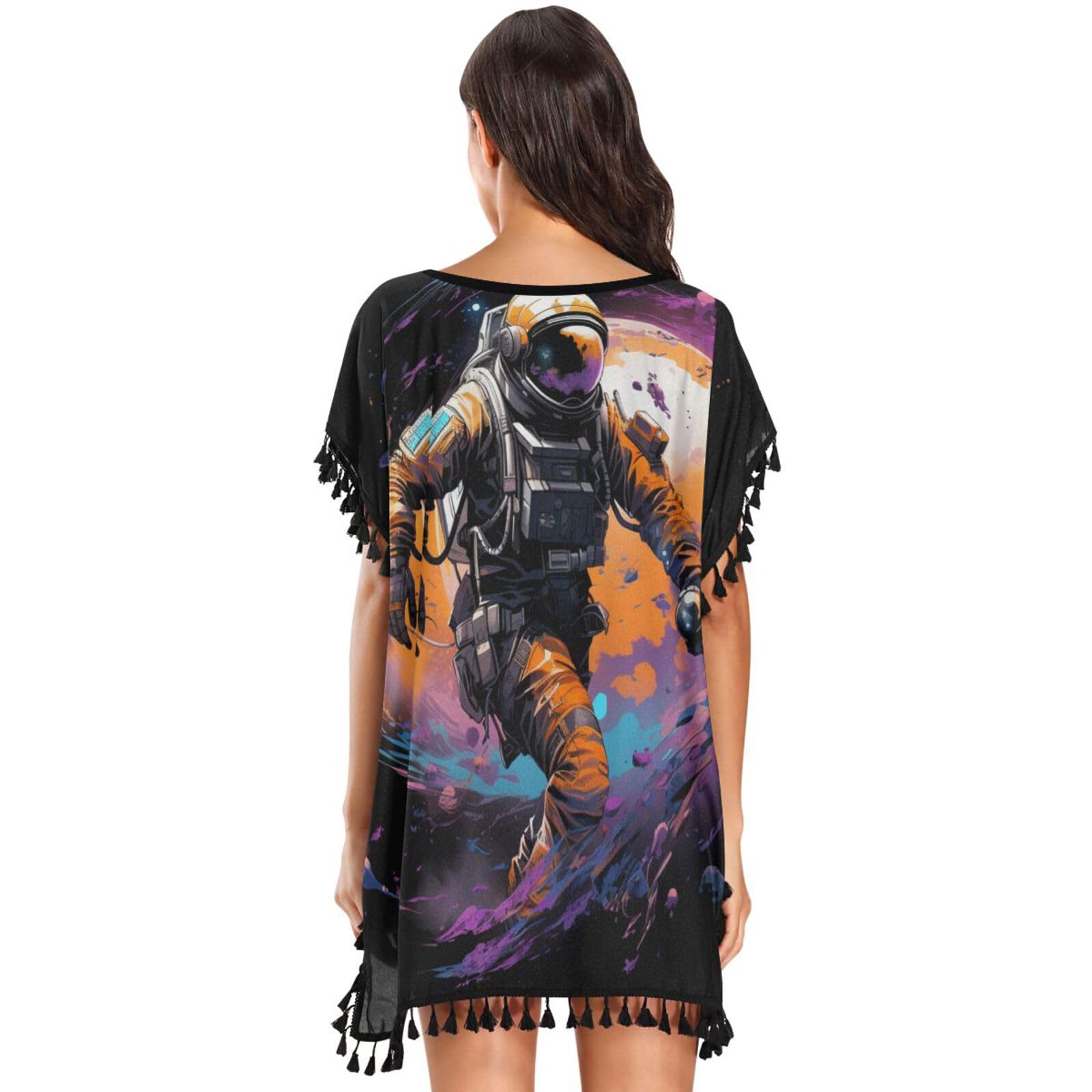 KAAVIYO Cool Space Astronaut Women's Beach Cover Up Chiffon Tassel Swimwear Swimsuit Coverups for Girl