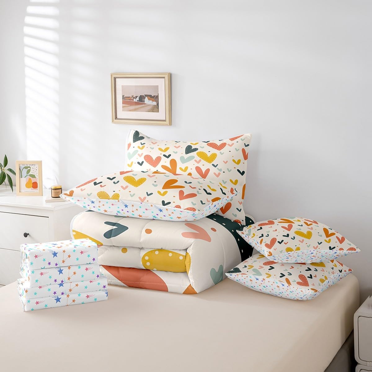 Feelyou Cute Heart 7 Piece Bedding Set Twin, Colorful Heart Pattern Comforter Set with Sheets Rainbow Bedding Sets with Comforter, Pillowcases, Flat Sheet, Fitted Sheet and Cushion Cover