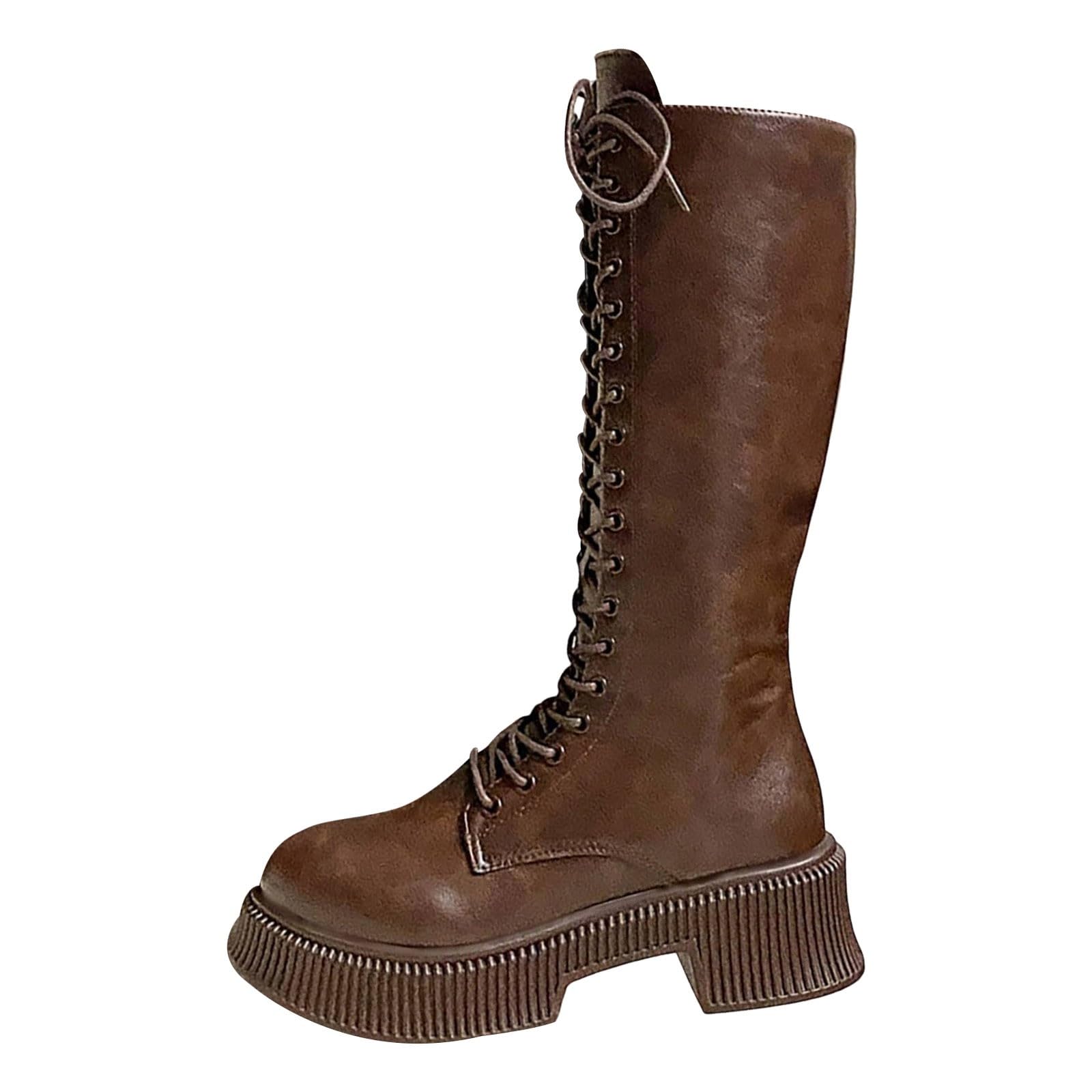 Stivali alti al ginocchio, da donna, con plateau lungo, da moto, con tacco piatto, con chiusura a strappo, in pelle, per autunno e inverno