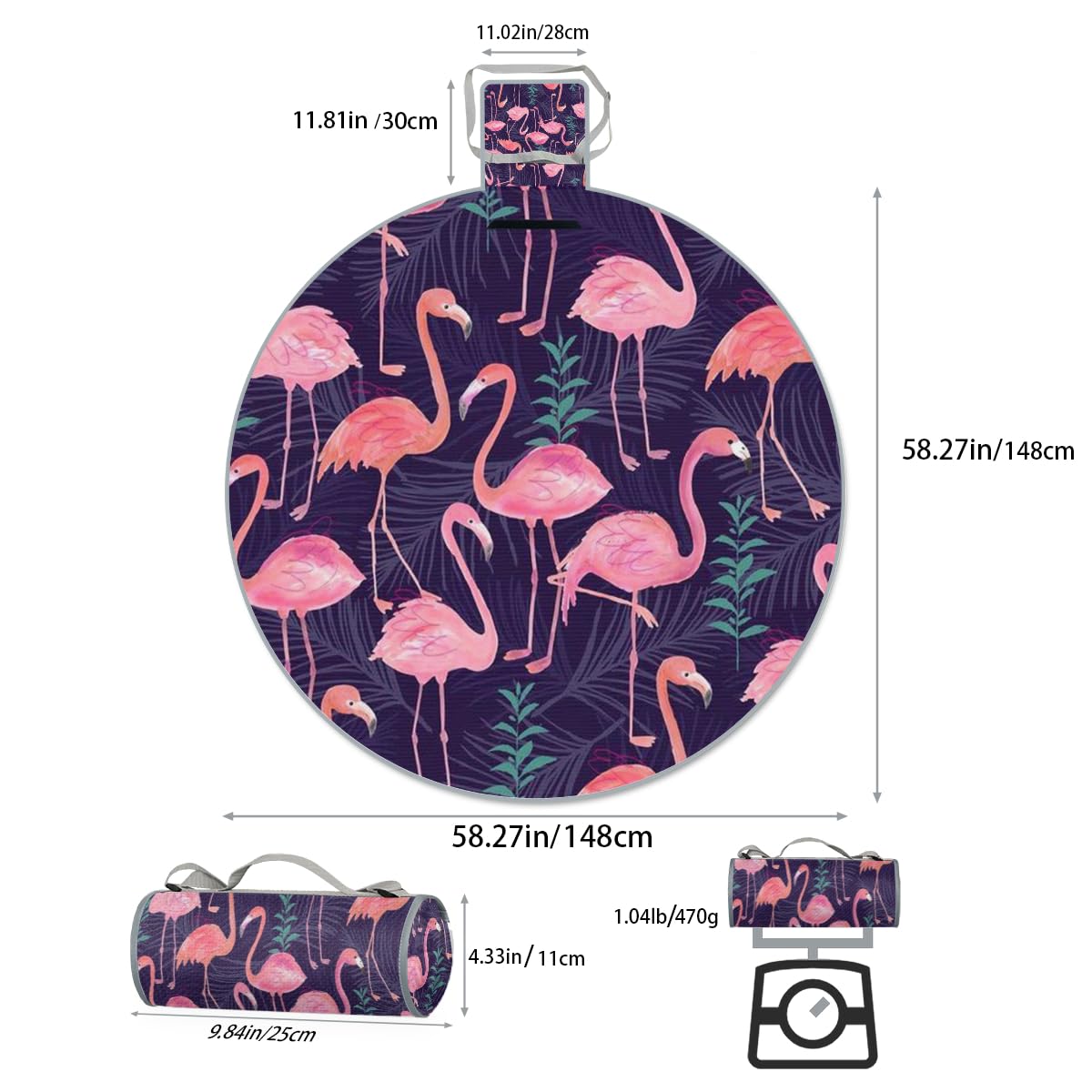 Shimoshe Tropical Flamingo Picnic Outdoor Blanket Foldable Waterproof Sandproof Beach Blanket Portable Water-Resistant Round Picnic Mat for Travel Camping Park Lawn A1