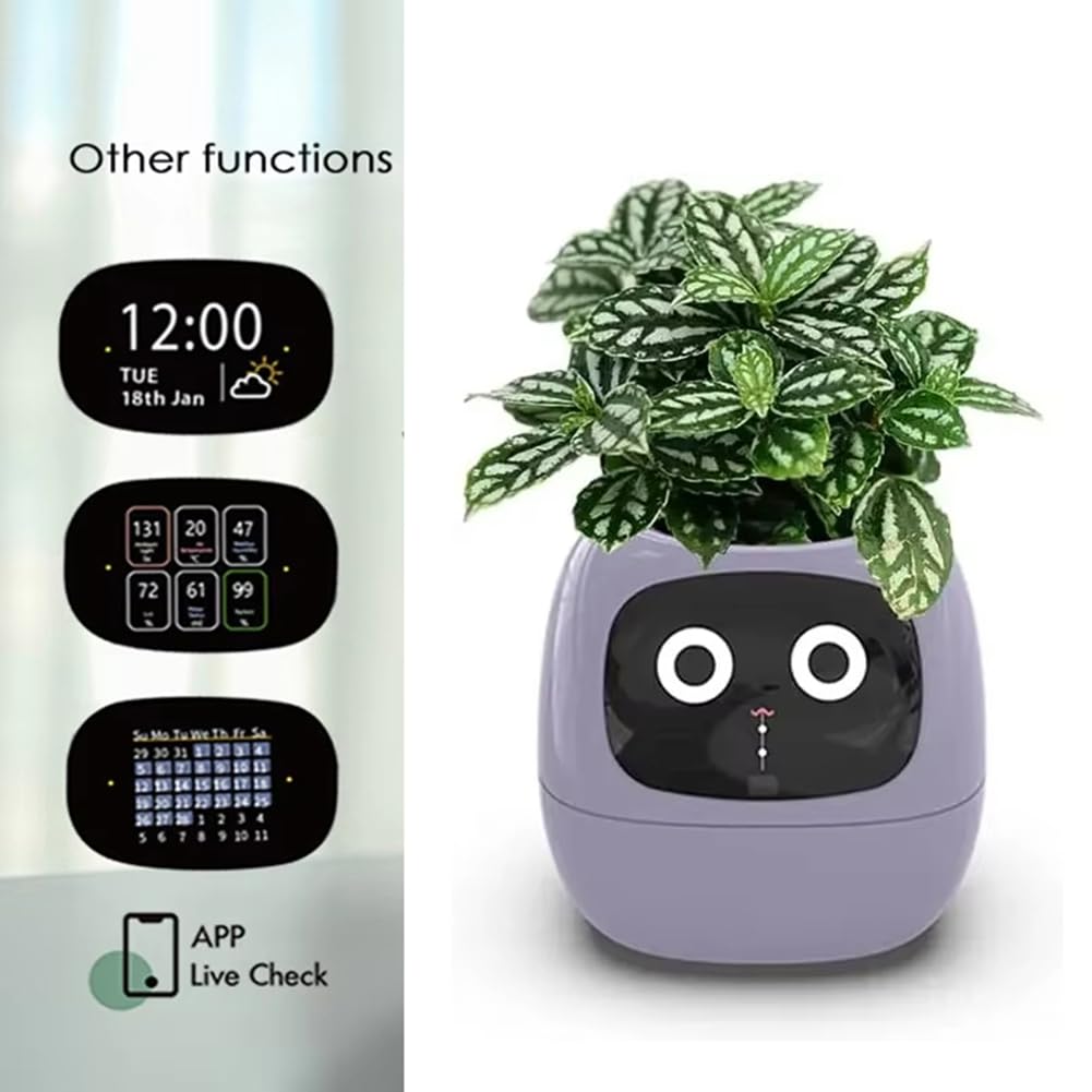 Robot Plantation Pots Fleurs pour Animaux Compagnie AI 7 Capteurs Intelligents Jardinière Intelligente Affichage la Température et L'Heure des Plantes Pots Fleurs Jaune