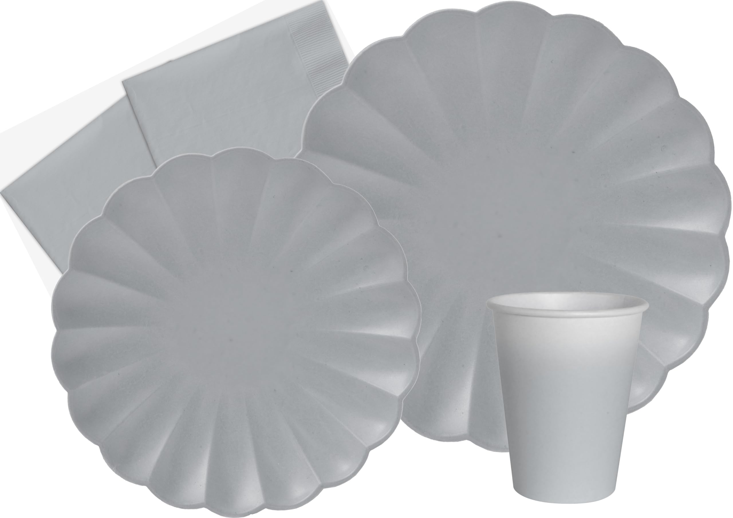 Party Tableware Set Flower Shape for 8 people (44 pcs: 8 plates Ø23cm, 8 plates Ø18cm, 8 cups 200ml, 20 napkins 33x33cm) in eco-friendly compostable paper, smoky grey