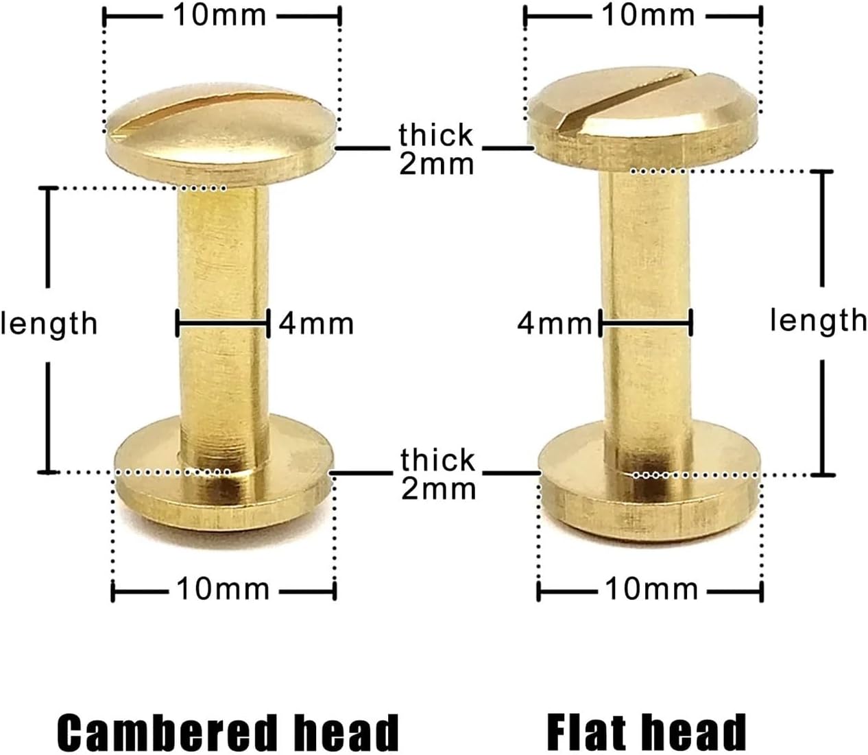 10pcs Solid Brass Copper Screw Nail Post Binding Rivet Round Head Stud for Leather Craft Wallet Bag Belt Strap Screw (Color : Flat Head, Size : 13 mm)