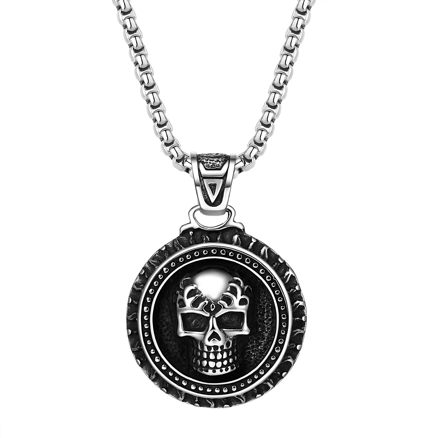 OIDEA Mens Necklace, Retro Gothic Round Medallion Pirates Skull Head Pendant Necklace for Men, Norse Viking Jewelry, Punk Rock Death Halloween Cocktail Party Biker Necklace, 22" Chain