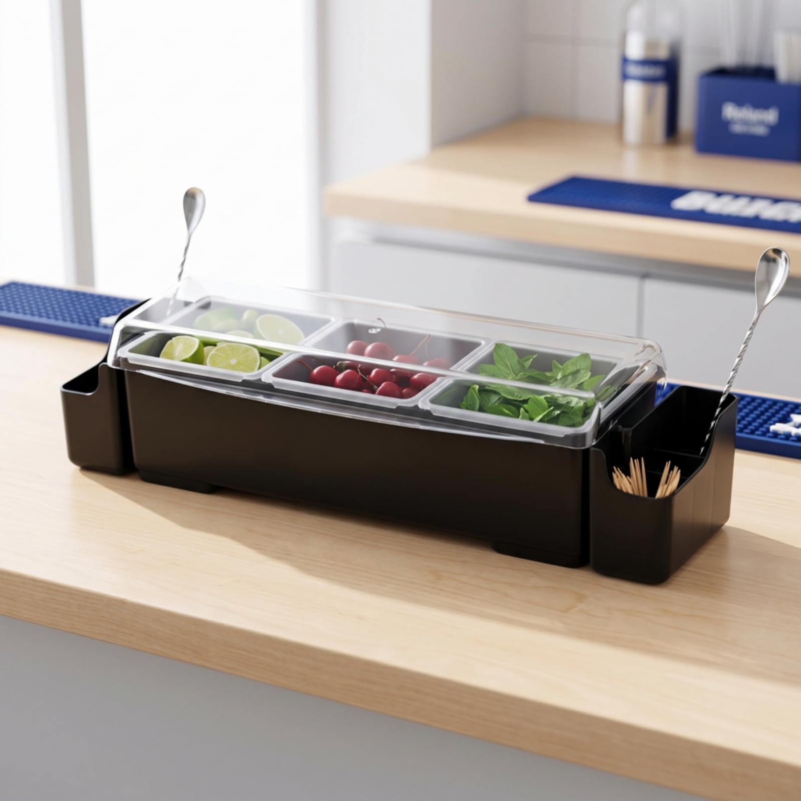 Portacondimenti con Vaschette Estraibili Compatto Organizzatore da Banco con Vaschette Efficiente Porta Condimenti Coperchio per Ristoratori, Contenitore Per Frutta Con 3 Scomparti E Orecchie