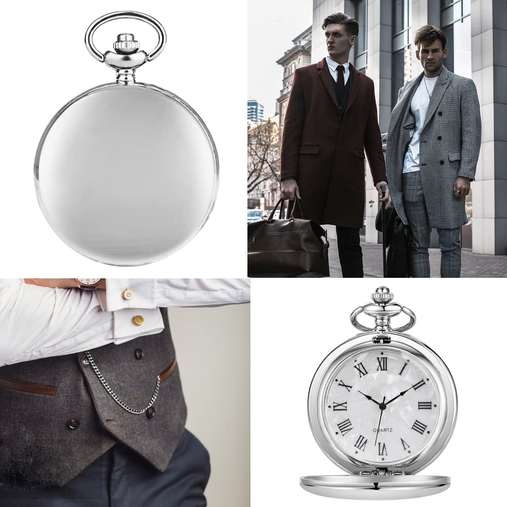 orologio da tasca, Classico acciaio liscio con catena numeri romani uomo donna orologi da tasca ciondolo regalo di compleanno for la festa del papà