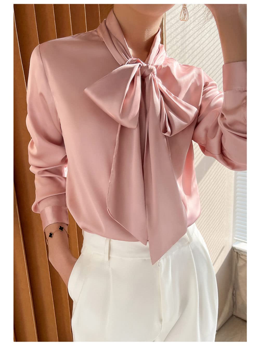 MIDJ Blusen Damen,Elegante Seidenbluse für Damen, O-Ausschnitt, Süße Fliege, Weiße Chiffon-Business-Bluse, Lässig, Lang, Laternenärmel, Sexy Pullover, Hemd für Mädchen, Damen