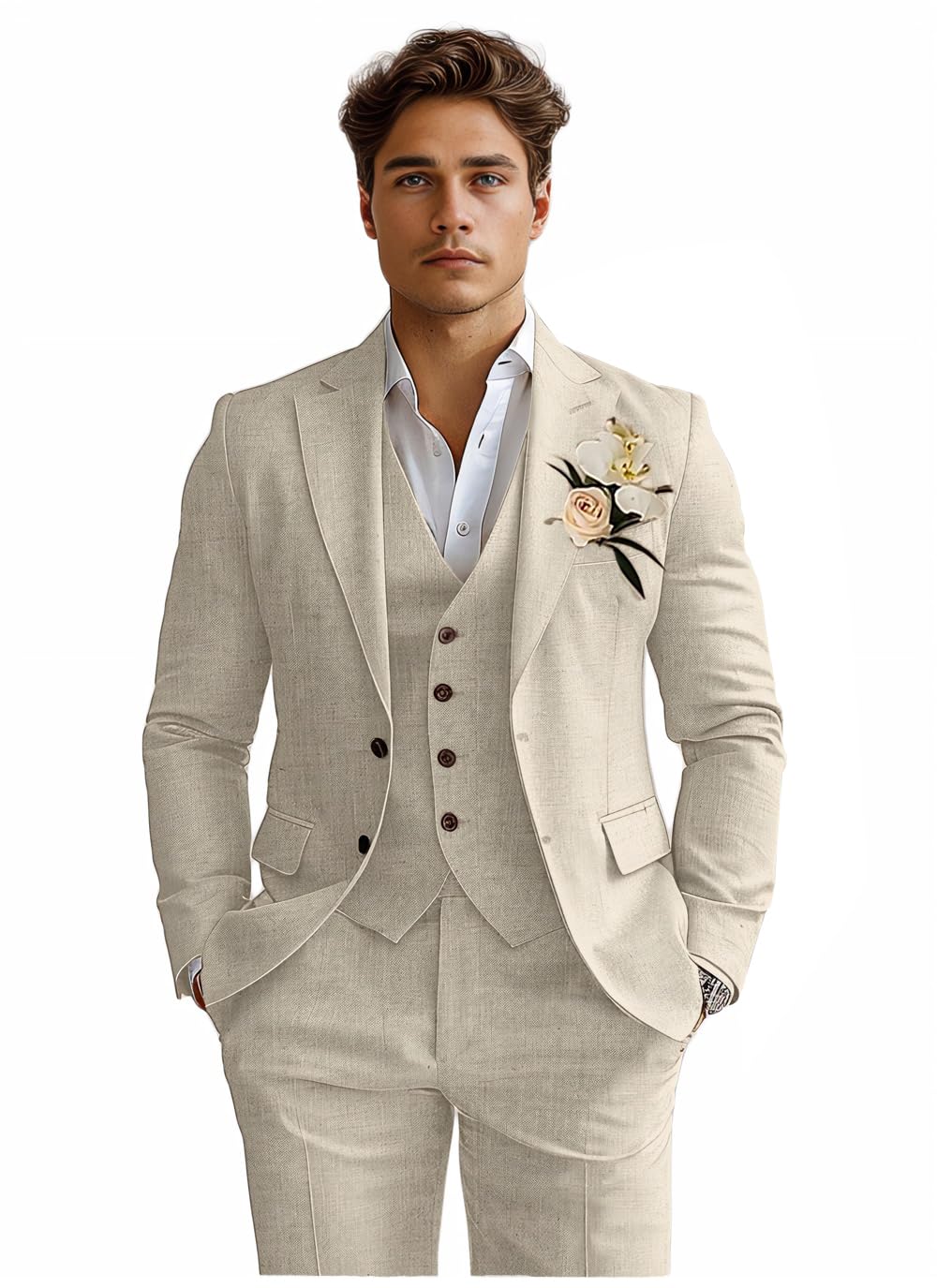 Diaryan three-piece slim-fit linen tuxedo suit in beige with jacket vest and pants