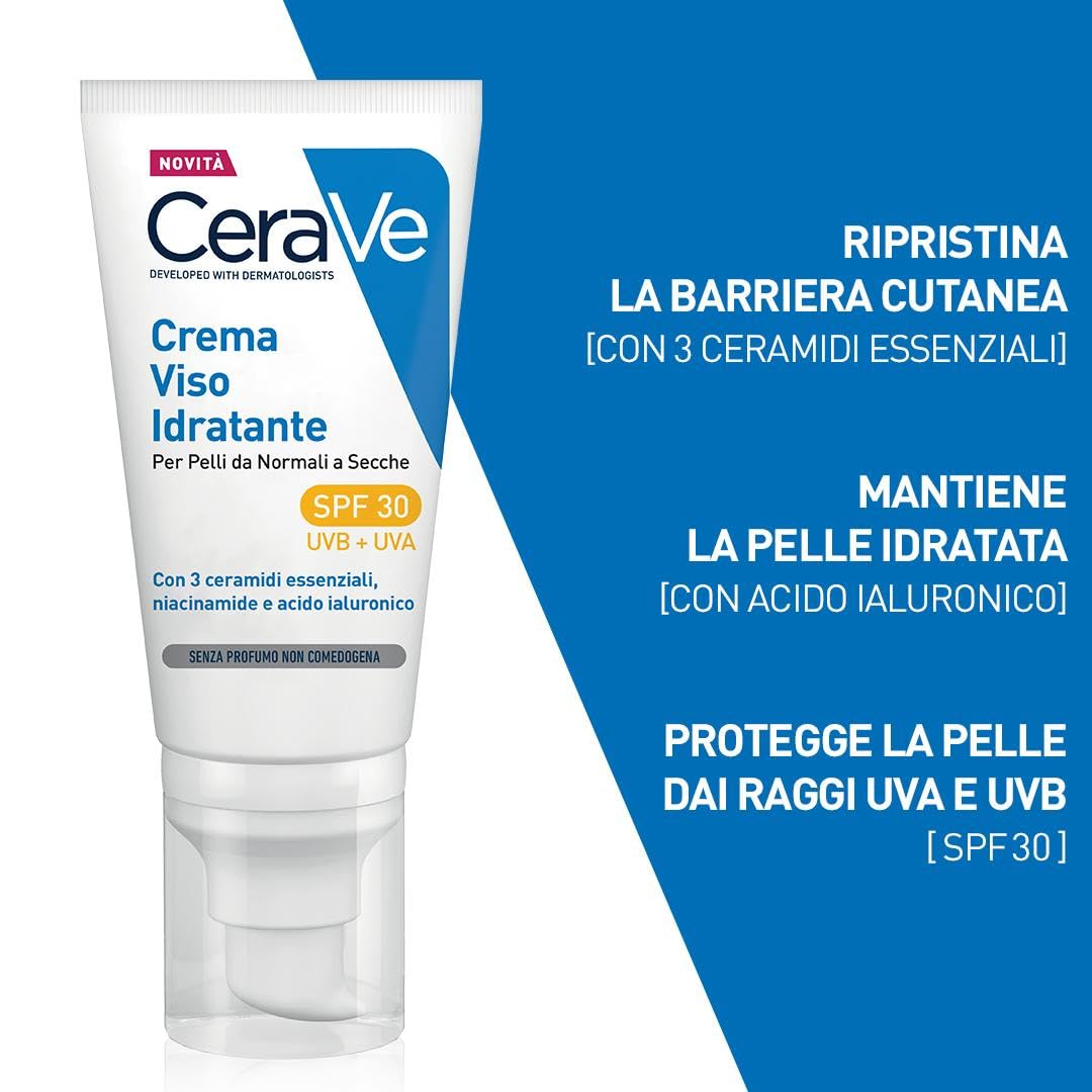 CeraVe Crema Idratante Viso SPF 25, Per Pelli da Normali a Secche, Idratazione Profonda, Ad Assorbimento Rapido, Con Protezione Solare SPF 25 e Acido Ialuronico, 2 x 52 ml