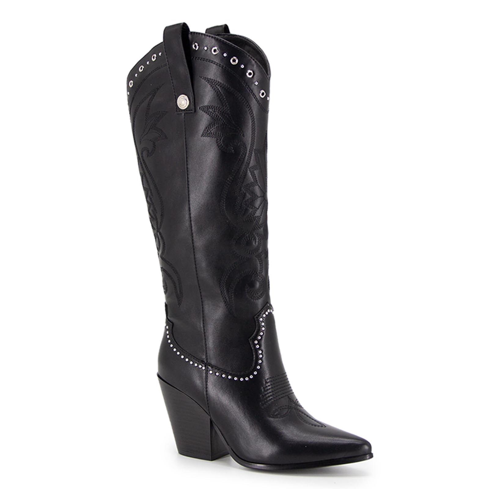 Knee High Western Boots For Women Embroidered Cowboy Boots Pointed Toe Chunky High Heel Wide Calf Shoes