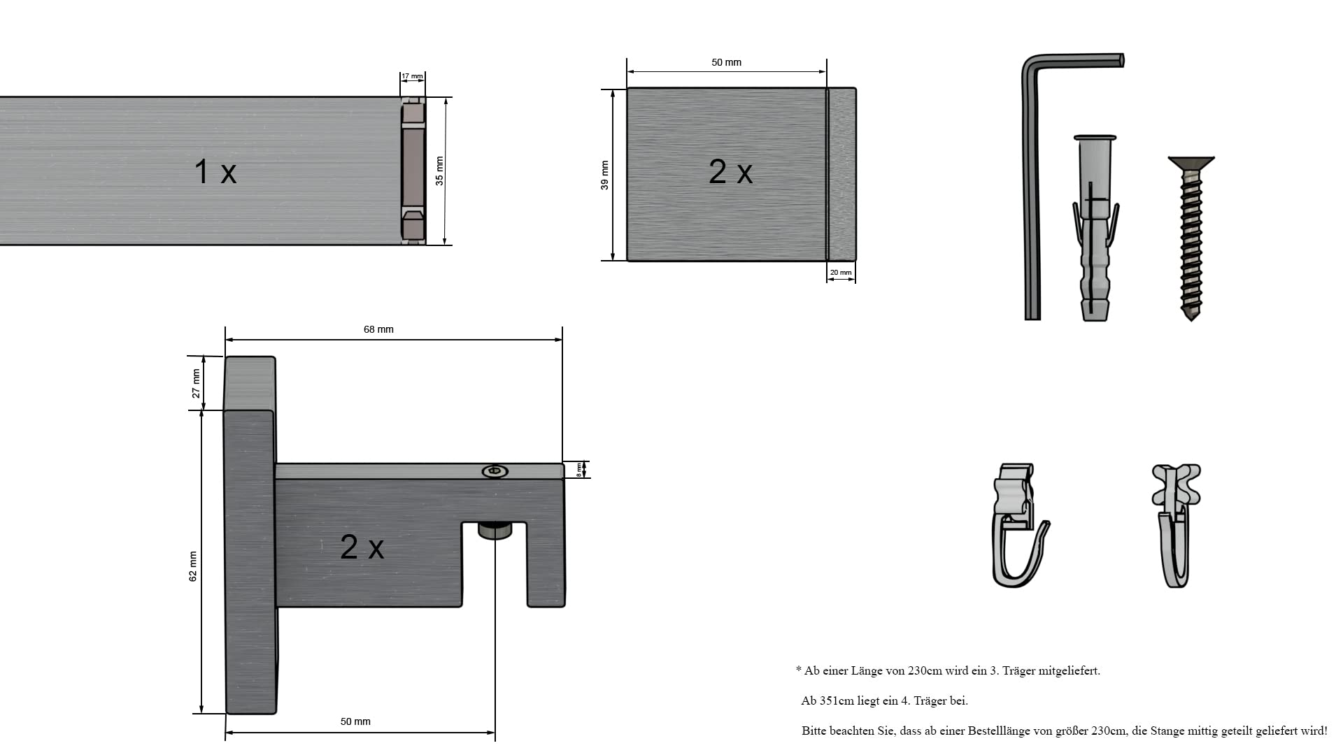 tilldekor Innenlaufsystem Gardinenstange Inline, kantig, Aluminium, 230 cm, 1-Lauf, Edelstahl-gebürstet