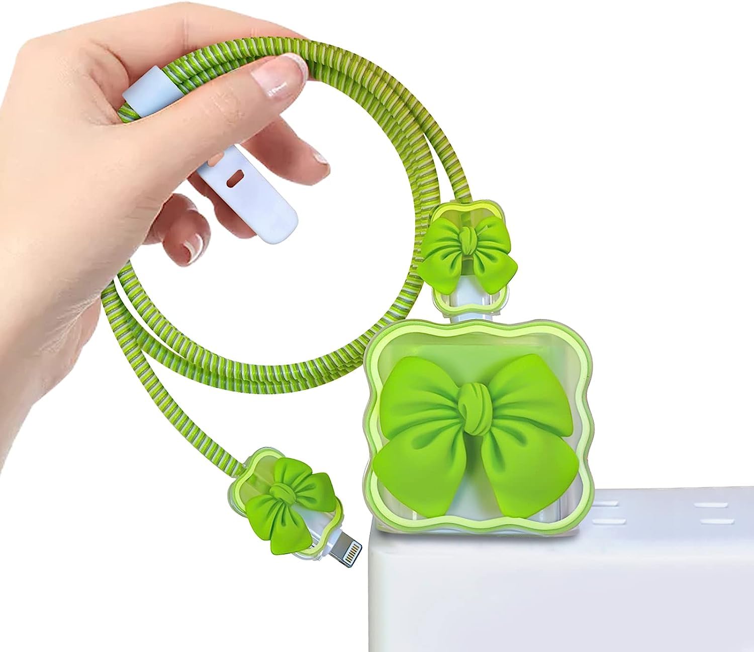 CASENED Clear Case for Apple 20W iPhone USB-C Power Adapter Charger and USB Lightning Cable Protector | 3D Bow Tie Wave Design Soft Phone Charging Protective Case (Green)