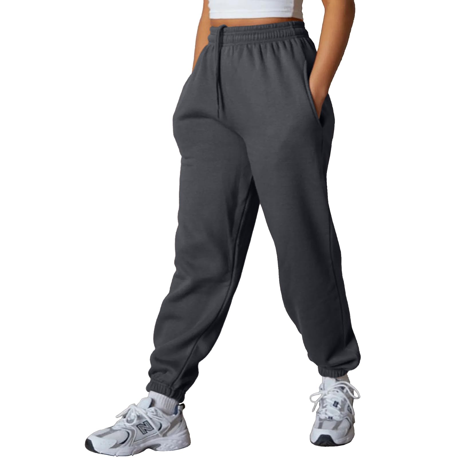 NetSetUK Women's Joggers Plain Tracksuit Jogging Bottoms with Zipper Pockets Elastic Waist Regular Fit Tapered Leg Sweatpants Cuffed Trousers Drawstring Workout Gym Sport Dark Grey