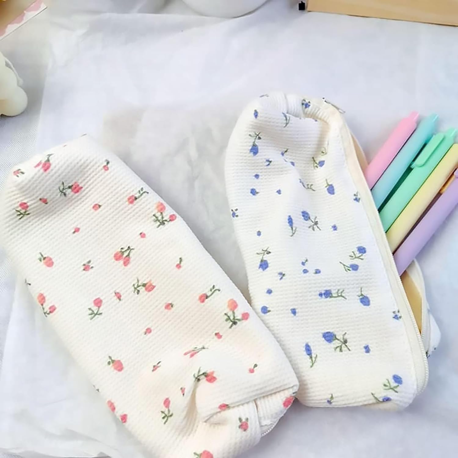 Enyolidimk 2 Pcs Stationery Storage Bags Floral Pencil Case Cute Canvas Pen Bag Portable Pencil Pouch Makeup Bag for Stationery Cosmetics Storage Pencil Cases (Pink and Blue) - Image 3