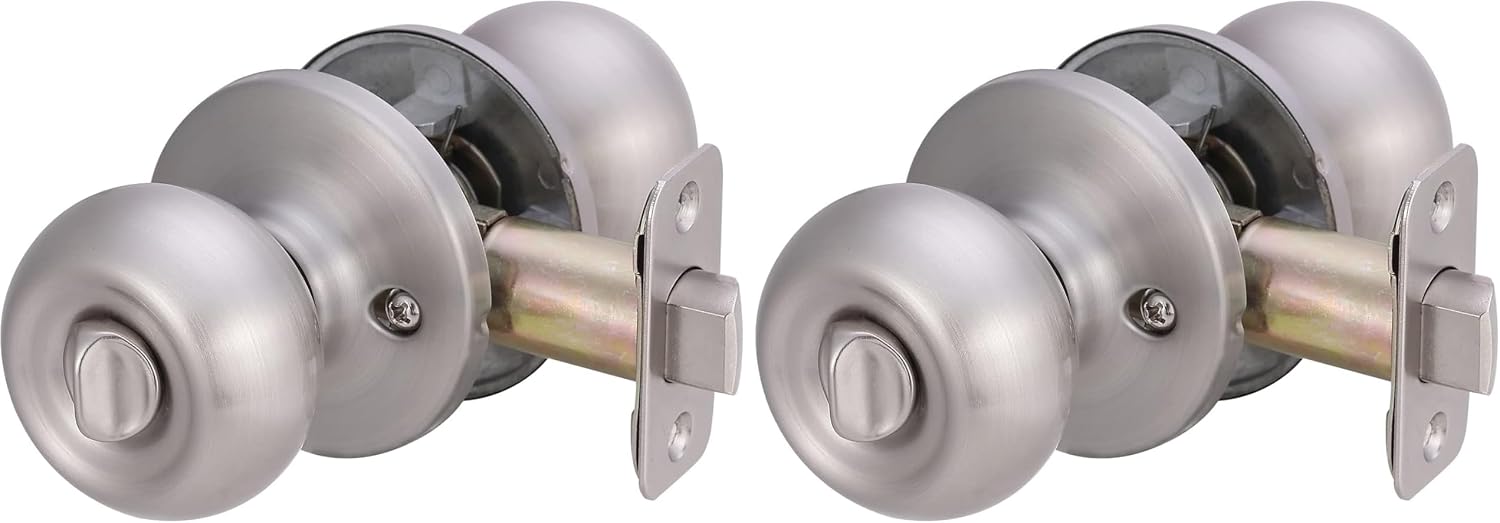 Amazon Basics Bedroom/Bathroom Door Knob with Lock, Coastal, Easy to Install, 1-3/8" to 1-3/4", Satin Nickel (Pack of 2)