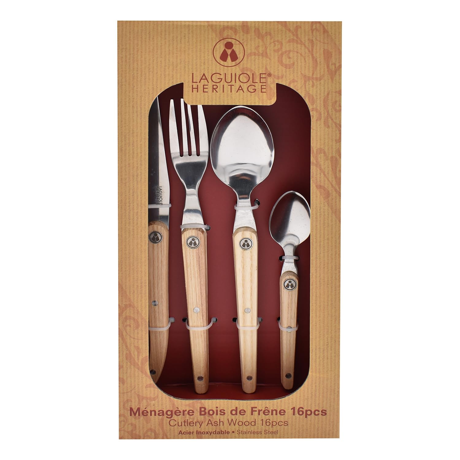 Cubertería Laguiole 16 piezas - Acero inoxidable y madera de fresno - Cubertería de menú para 4 personas - Cubertería de acero inoxidable de alta calidad - Cubertería de diseño con mango de madera